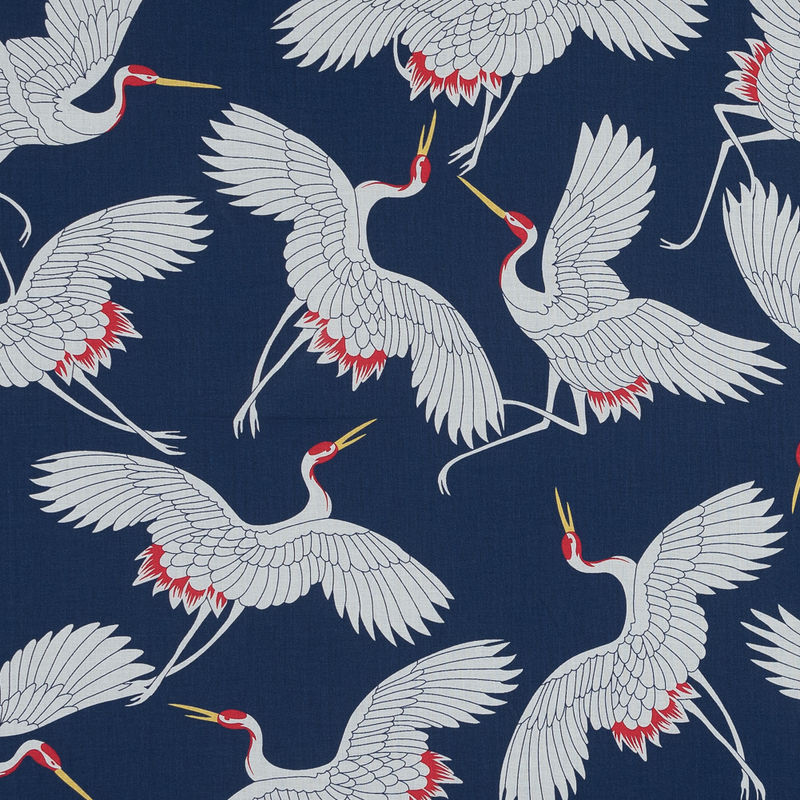 White, Red and Navy Crane Printed Cotton Voile